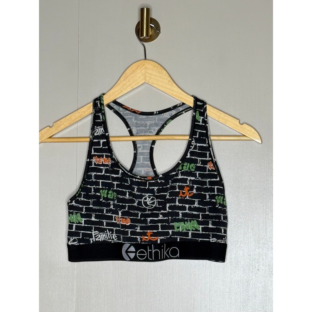 Ethika Graffiti Brick Wall Racerback Sports Bra XL Black Green Orange Logo Band